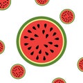 Cartoon fresh green open watermelon half, slices and triangles