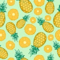 Cartoon fresh pineapple fruits in flat style seamless pattern food summer design vector illustration. Royalty Free Stock Photo