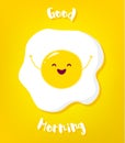 Cartoon fried egg raises hands and smiles. Good morning vector card
