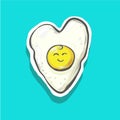 Cartoon fried egg smiles in hert shape Vector card and print sticker, fashion patch badge