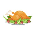 Cartoon fried turkey traditional Thanksgiving day family dinner dish with cranberries and salad leaves garnish. Royalty Free Stock Photo