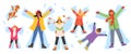 Cartoon friends and family characters making wings in snow, cheerful woman and man, kids and dog lie in frozen Royalty Free Stock Photo