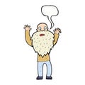 cartoon frightened old man with beard with speech bubble