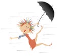 Strong wind, rain and woman with umbrella illustration