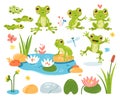 Cartoon frog amphibian mascot, tadpole, frogspawn, water lilies and beautiful pond isolated set Royalty Free Stock Photo