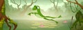 Cartoon frog background. Wild animal in lake exact vector frog jumping