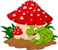 Cartoon frog basking under mushrooms Royalty Free Stock Photo