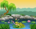 Cartoon frog catching fly on the lily water