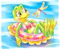 Cartoon frog girl swimming in the pool