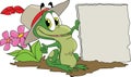 Cartoon frog holding a blank stone tablet in his hands vector