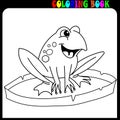 Cartoon frog on lily pad at lake coloring book pages Royalty Free Stock Photo