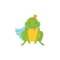 Cartoon frog prince with golden crown and blue mantle. Green toad with yellow belly. Character of children s fairy tale Royalty Free Stock Photo