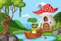 Cartoon Frog Rows Boat in Pond Scene