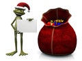 Cartoon frog wearing Santa hat, holding blank sign Royalty Free Stock Photo