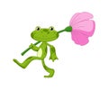 Cartoon frogs Funny cartoon frog. Little amphibia character goes on white background. Adorable froggy carries flower on