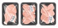 Cartoon frozen chicken meat. Raw chicken breast, legs and wings in vacuum plastic packaging, poultry meat packed in plastic trays