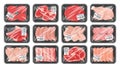 Cartoon frozen meat product in vacuum plastic packaging. Raw beef steak, chicken breast and sausages packed with polyethylene flat