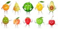 Cartoon fruit character. Happy fruits mascot funny durian, smiling apple and pear. Healthy fresh food vector