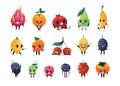 Cartoon fruit characters. Cheerful happy kid fruits with funny faces, smiling mascot persons with eyes hands and legs
