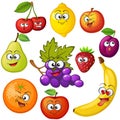 Cartoon fruit characters. Fruit emoticons. Grape, orange, apple, lemon, strawberry, peach, banana, plum, cherry, pear Royalty Free Stock Photo