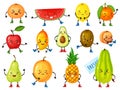 Cartoon fruit characters. Funny orange, pineapple, apple, avocado, lemon with cute faces. Happy smiling tropical fruits
