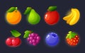 Cartoon Fruit Game Icons For Casino Slot Machine, Gambling, Lotteries Or Puzzle Ui Elements. Grape, Bananas Or Cherry