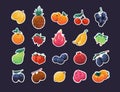 Cartoon fruit stickers. Fresh colorful organic fruits graphic bundle, sprite game asset of apple, apricot strawberry