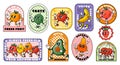 Cartoon fruit and vegetable sticker. Comic retro fruits vegetables character, fruit faces. Trendy supermarket vintage Royalty Free Stock Photo