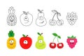 Cartoon fruits set. Coloring book pages for kids. Pineapple, app Royalty Free Stock Photo