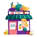 Cartoon Fruits Shop With Storekeeper At the Window