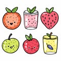 Cartoon fruits smiling, anthropomorphic apple strawberry smoothie glass orange lemon happy faces Royalty Free Stock Photo