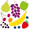 Cartoon fruits. Strawberry, banana, apple, pear, cherry, black currant, apricot, blueberry, blackberry, huckleberry Royalty Free Stock Photo