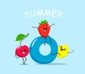 Funny and cartoon cherries, strawberries and lemon with an Swim ring. Vector illustration on a blue background. Royalty Free Stock Photo