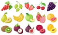 Cartoon fruits. Tropical fruit, banana, fig, apple and dragon fruit, citrus and berries, vegetarian exotic fruits vector