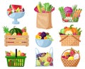 Cartoon fruits and vegetables in basket, shopping bag, bowl, boxes. Grocery shopping packed organic fresh veggies and Royalty Free Stock Photo