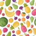 Cartoon fruits and vegetables seamless pattern, watermelon, banana, pineapple. Summer fruits and veggies, persimmon, pear and