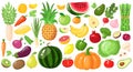 Cartoon Fruits And Vegetables. Vegan Lifestyle Food, Organic Nutrition Vegetable And Fruit, Avocado, Asparagus And Mango