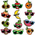 Cartoon fruits with sunglasses. Vector illustration set