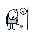 Cartoon frustrated lover stands under a clock with flowers and waits for a woman to date. Vector illustration of an