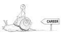 Cartoon of Frustrated Man or Businessman Sitting on the Slow Moving Snail and Waiting for Career Progress and Success