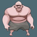 Cartoon frustrated big bald man with naked torso in shorts Royalty Free Stock Photo