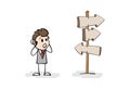 Cartoon frustrated stick man or businessman standing on crossroad looking for right way forward to future. Man confused Royalty Free Stock Photo