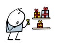 Cartoon frustrated stickman in the store chooses a cheap gift for the holiday. Vector illustration of sad poor man