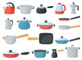 Cartoon frying pans, saucepan and cooking pots, metal cookware. Kitchen utensils, kettle, grill pan, pot with lid