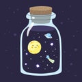 Cartoon full moon with stars in a magic glass jar