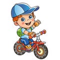 Cartoon fun boy on a bicycle or bike. Outdoor games. Summer activity. Colorful vector illustration for kids