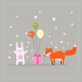 Cartoon fun little foxes fox with white rabbit, gift and ballons