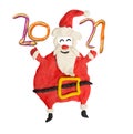 Cartoon fun Santa with plasticine numbers 2021 isolated on white background. New Year greeting card. Kids artwork.
