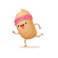 Cartoon funky potato character running or jogging isolated on white background. Cute sporty vegetable character making Royalty Free Stock Photo