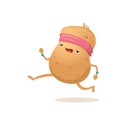 Cartoon funky potato character running or jogging isolated on white background. Cute sporty vegetable character making Royalty Free Stock Photo